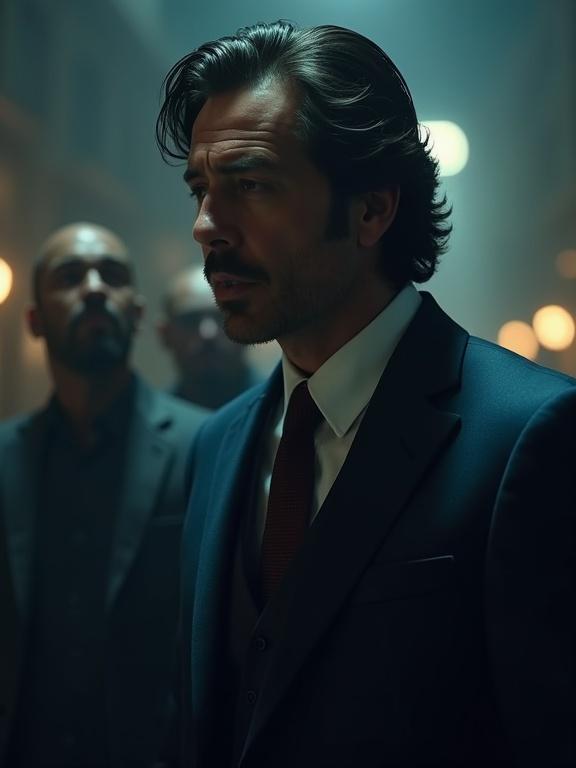 Photorealistic portrait of a handsome New York detective. Character in his forties with thick dark wavy hair. He is wearing a dark blue suit. Gritty urban setting with cartel gunmen in the background. Strong lighting contrasts create a moody atmosphere. The perspective is from a low angle, enhancing the character's presence. Tense atmosphere is present.