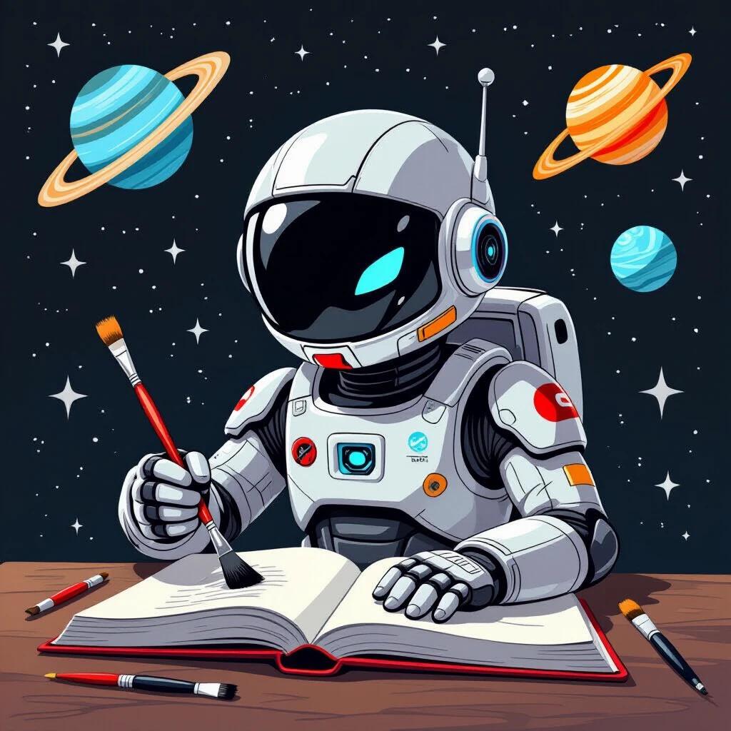 An astronaut with a futuristic space suit holding a black paintbrush over an open painting book in outer space. Vibrant planets in the background.