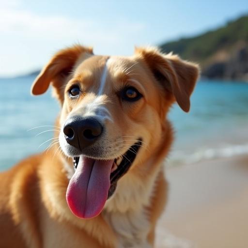 A dog has a relaxed expression. Background shows the ocean and coastline. Natural light illuminates the scene.