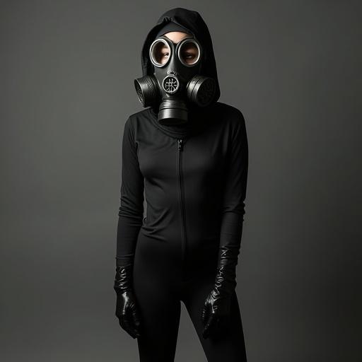 Full-body portrait of a girl wearing a gas mask. Gas mask covers entire face including forehead and eyes. Girl dressed in black. Hair covered by tight black latex hood. Wearing latex gloves and boots. Gloves cover whole hands.