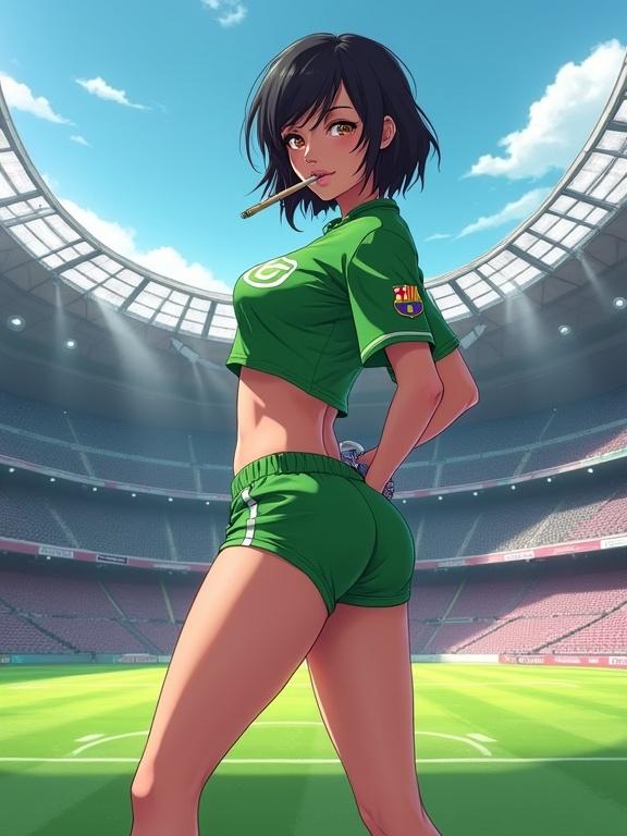 Digital anime illustration featuring female character in green jersey and shorts at soccer stadium. She has short black hair and alluring eyes, posing provocatively.