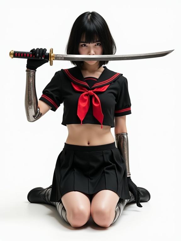 A young woman with short black hair and bangs kneels on a white background. She wears a black cropped school uniform top with red trim and a pleated skirt. She has metallic prosthetic arms and legs with a worn look. Her real hands and feet are covered with black gloves and boots. She holds a katana horizontally in front of her face, obscuring her eyes. The katana has a black hilt with red accents and a golden guard.