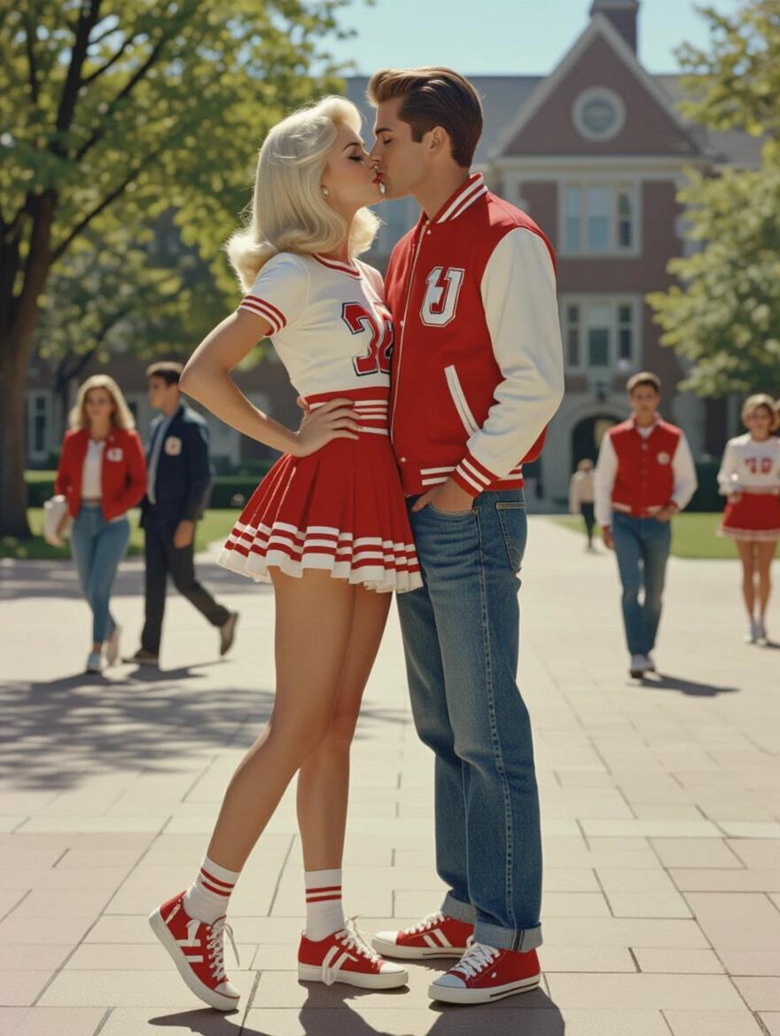 Portrait of a couple kissing in a college quad. Woman with platinum blonde hair wears a cheerleader costume. Tall man in a letterman jacket. Several people walking around. Flawless makeup including winged eyeliner and red lips. Rendered in a retro style.