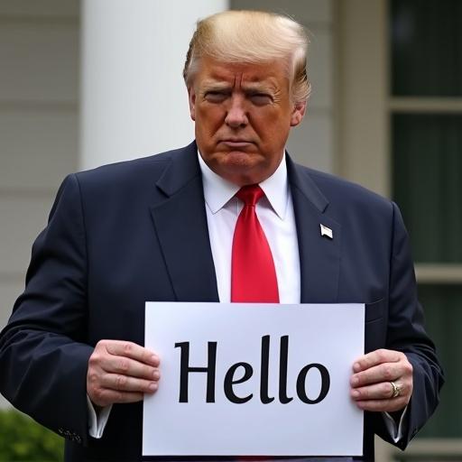 Trump holds a sign that says Hello. The setting is outdoor. The sign is prominent. The attire is formal. The image captures a significant gesture.