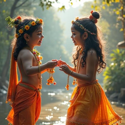 Children in traditional attire holding hands in a natural setting. Bright orange outfits adorned with floral accessories. Warm light creates a festive atmosphere. Background features lush greenery and water. A moment of joy and innocence celebrating culture.