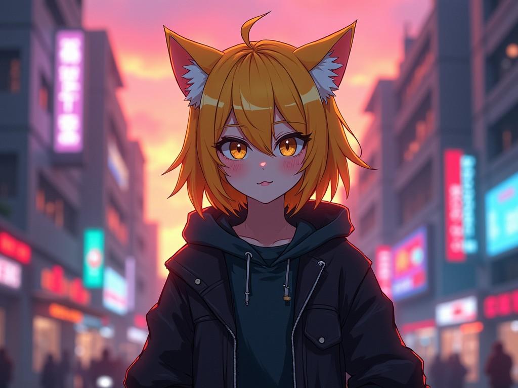 An illustration features a character with short, tousled yellow hair and cat ears. She stands in front of an urban backdrop during sunset, creating a warm atmosphere. The character wears a black jacket over a hoodie, reflecting a casual style. Her golden eyes are bright and expressive, drawing attention to her face. The background is filled with blurred neon lights, indicating a bustling city environment. The overall tone is vibrant and youthful, appealing to fans of anime and digital art.