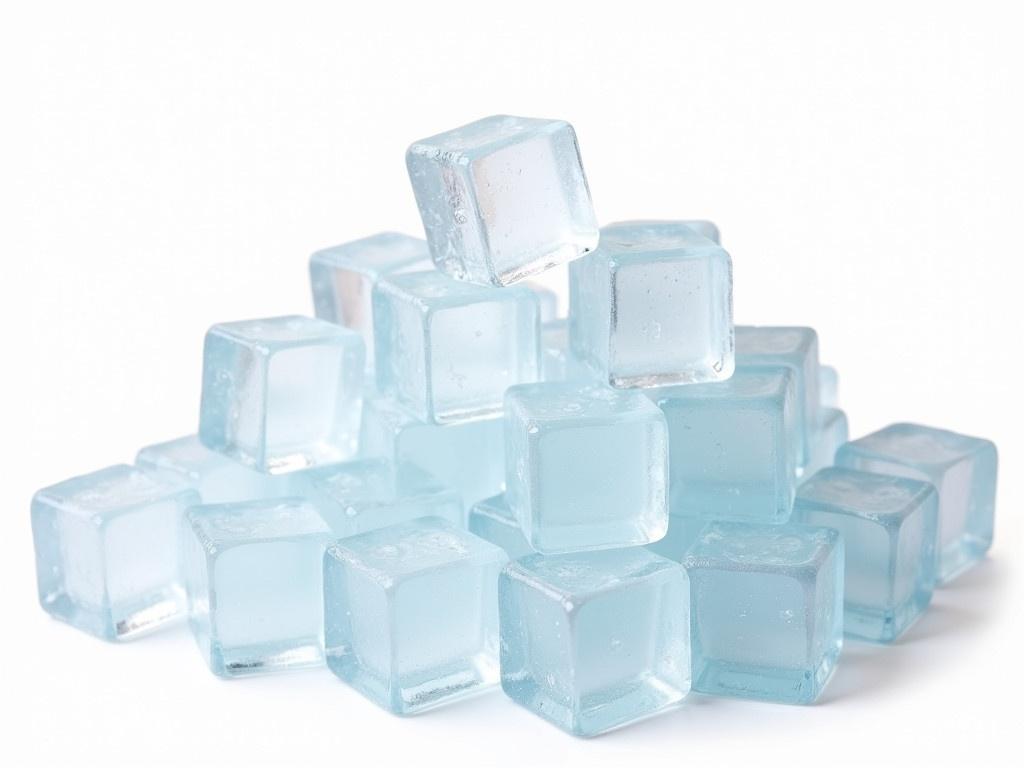 The image features a large pile of ice cubes stacked closely together. The ice cubes are clear and glistening, reflecting light beautifully. They have varying shapes and some show slight imperfections, adding to their natural look. The background is plain white, which emphasizes the clarity and the color of the ice. This scene could represent chilliness or refreshment, suitable for a beverage setting. The ice cubes appear to be dry, suggesting they have just come out of a freezer.