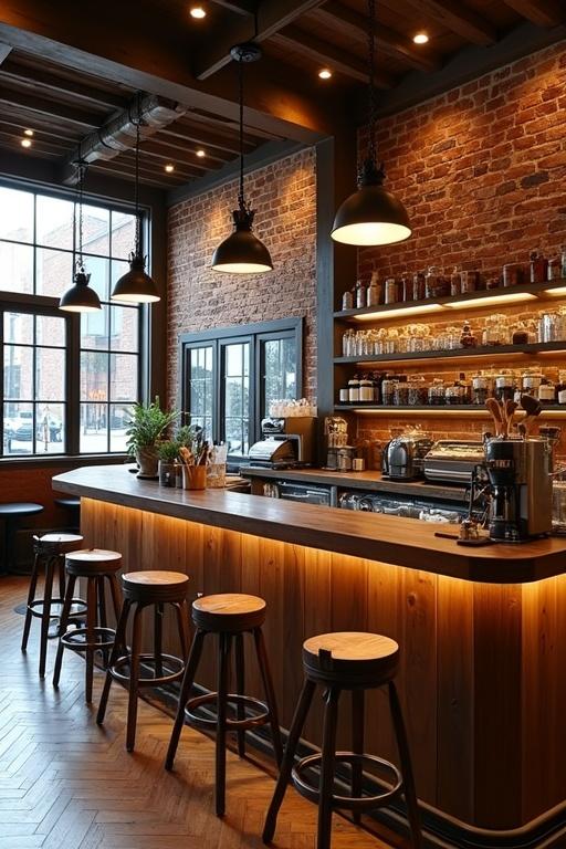 Stylish coffee shop interior design features a wooden bar with coffee equipment warm lighting from pendant lamps shelves filled with coffee supplies large windows provide a view outside walls of exposed brick and country western style timber aesthetics accommodate at least 50 chairs for seating with booths added steam punk aesthetic.