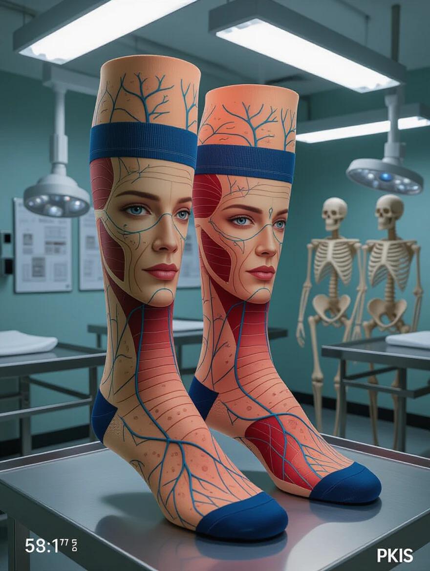 Photo shows crew socks mimicking realistic human skin. Socks have visible veins, hair follicles, and anatomical details. Flesh tones and blue-green veins create a realistic effect. Medical tattoo markings indicate surgical guidelines. Displayed on a mannequin in a sterile classroom. Background includes medical charts and skeletons. Clinical fluorescent lighting emphasizes details.