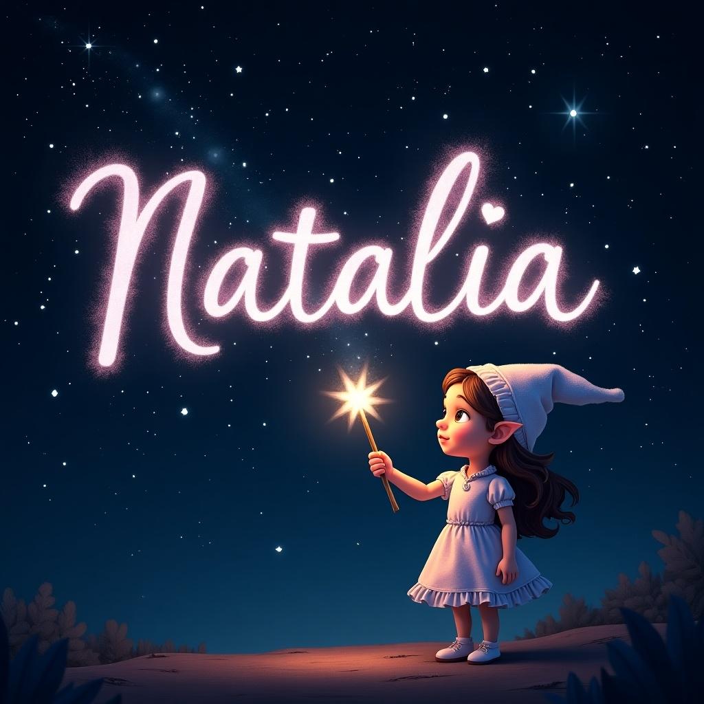 A girl elf uses a magical wand to write the name 'Natalia' in sparkling text. The letters glow against a dark starry background. The scene evokes a sense of wonder and fantasy, inviting viewers into a whimsical world.