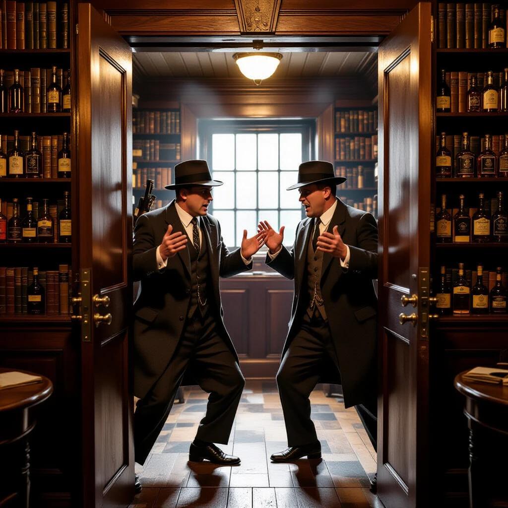 A secret passage opens behind a bookshelf. It reveals a stash of moonshine and tommy guns. Two mobsters gesture urgently. The scene has a 1920s speakeasy vibe. The atmosphere feels realistic and immersive.