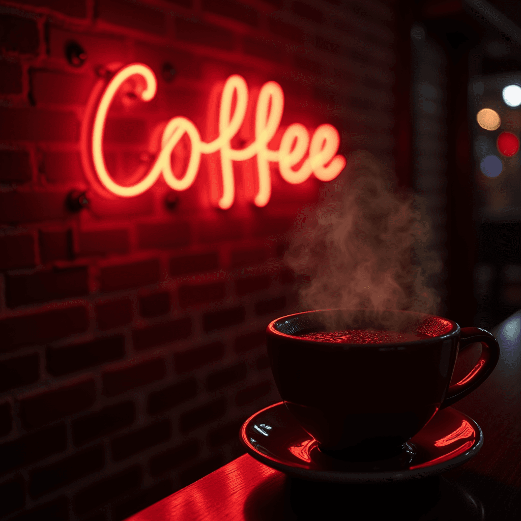 A steaming cup of coffee sits on a counter, with a glowing red neon sign reading 'Coffee' on a brick wall in the background.