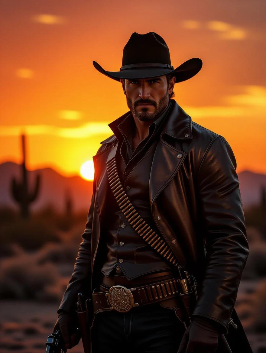 A lone gunslinger stands firm at sunset in a desert. He wears a wide-brimmed hat and a long dark leather coat. A gun belt is secured at his waist. His expression is intense and defiant. The sun sets behind the mountains. The sky is filled with orange and red tones. Dust fills the air. Silhouettes of cacti are visible in the background. The style is cinematic and realistic with dramatic lighting and high detail.