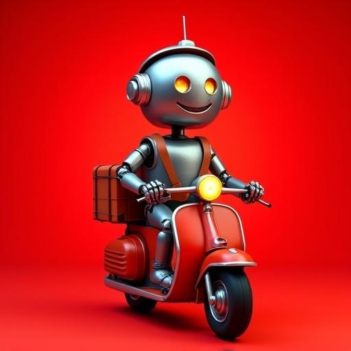 Realistic image of a vintage metal robot. Robot in metallic gray color. Robot smiling on red delivery motorcycle. Solid red background. Robot closer to camera to show details. Space around for messages. Robot wears helmet and delivery bag.