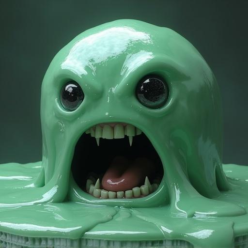 A slime-like creature with large expressive eyes and an open mouth displaying teeth. The texture appears glossy and wet resembling real slime. The character's expression is exaggerated and playful, attracting attention.