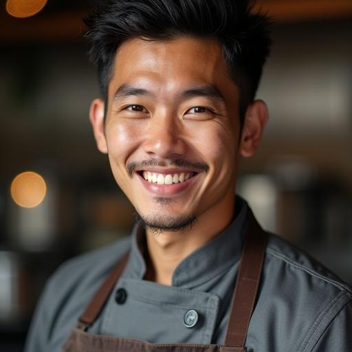 Close-up shot of a male Chinese cook. The cook is wearing a gray uniform and working in a kitchen environment. The image captures the essence of culinary expertise and professionalism.