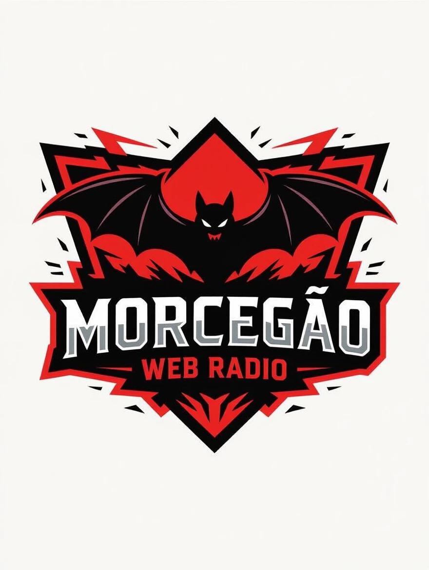 Logo for rock-focused web radio named Morcegão Web Radio. Incorporates a sleek bat silhouette with sharp geometric lines. Uses striking red and black. Design feels edgy and high-impact. Optimized for digital platforms and merchandise.