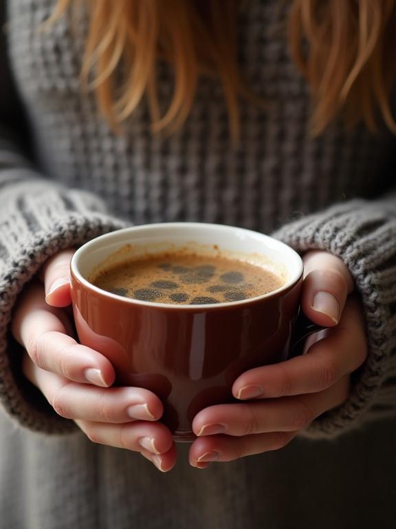 A warm cup of coffee is held in cozy hands. Hands are wrapped in a soft sweater. The focus is on the cup filled with coffee. Natural light creates a comforting atmosphere. The scene evokes feelings of warmth and relaxation.
