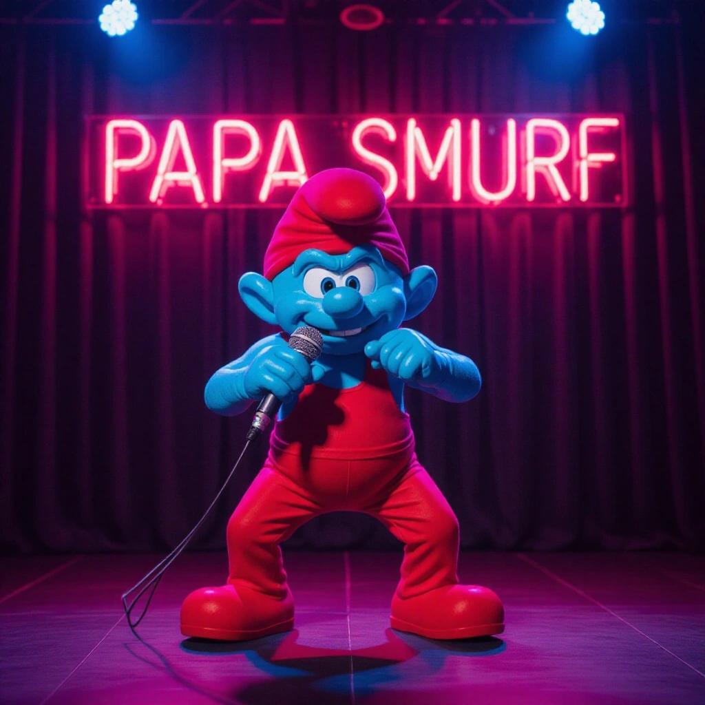 Papa Smurf performing on stage dressed in red. Holding a microphone. Neon lights in the background. Sign reads 'Papa Smurf.' The setting reflects a rap battle atmosphere.