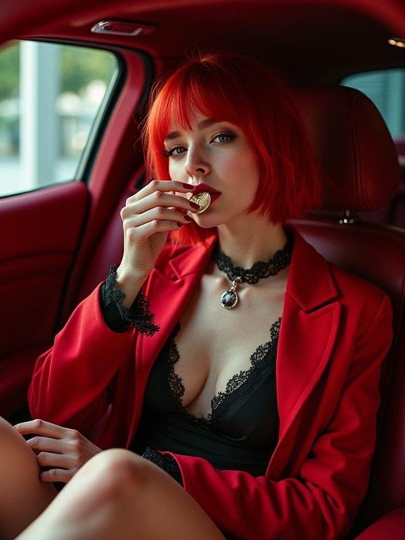 Gothic girl with short red hair in a luxury car. Wearing a striking red outfit and black lace. Capturing a seductive pose while holding a coin. Showcasing urban fashion style.
