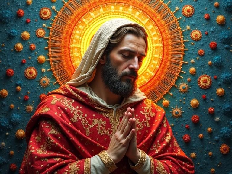 Image depicts a saint with a vibrant glowing halo. The artwork features traditional needlework blended with modern molecular and exploded assembly techniques. The composition showcases a unique fusion of art and technology.