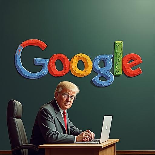 Image depicts a businessman at a desk with a laptop and a large colorful Google logo behind him. The setting is professional yet satirical.