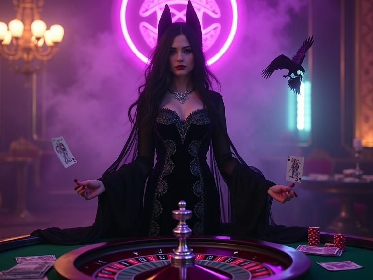 Gothic sorceress stands in a luxurious casino. Black velvet gown adorned with silver symbols. Porcelain skin glows under violet lights. Poker chips and banknotes hover around her. Tarot cards float in the air. Roulette wheel spins gently. Raven perched on a chandelier. Dramatic lighting and smoky atmosphere. Mystical and alluring scene.