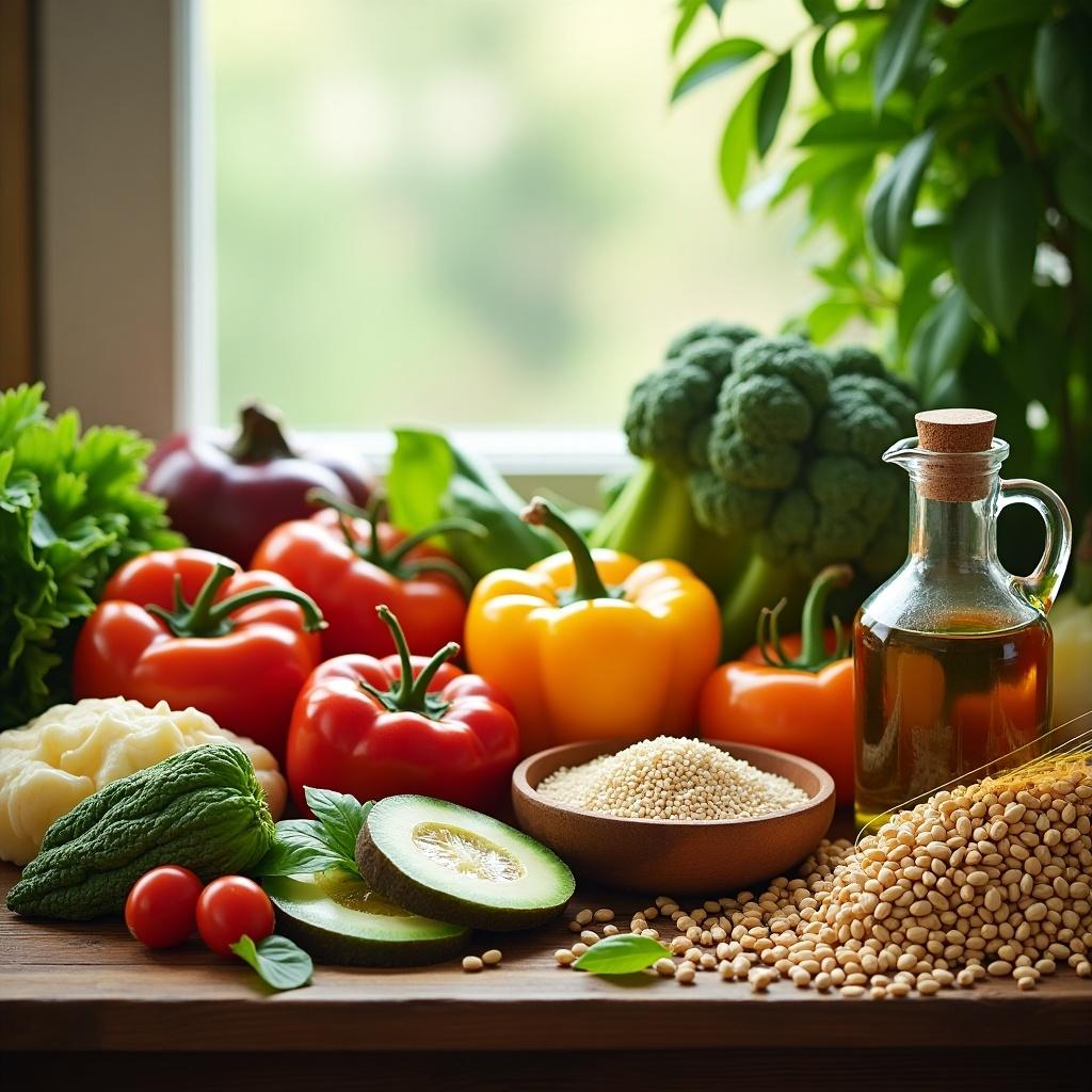 A composition featuring various vegetables arranged on a wooden surface. Fresh tomatoes, bell peppers, cucumbers, broccoli, and olive oil are displayed. A cozy kitchen environment with natural light coming through a window. Ideal for illustrating Mediterranean diet concepts.