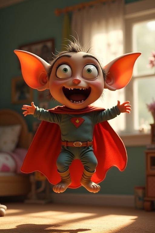 A hyperrealistic 3D cartoon humanoid creature with oversized eyes and huge ears. The creature has sharp teeth and is jumping in a cluttered bedroom. Wearing a superhero costume made of blankets. Eyes wide with excitement and an exaggerated expression of triumph. A mix of Pixar and Tim Burton animation styles. Features dramatic lighting, bloom, and depth of field effects.