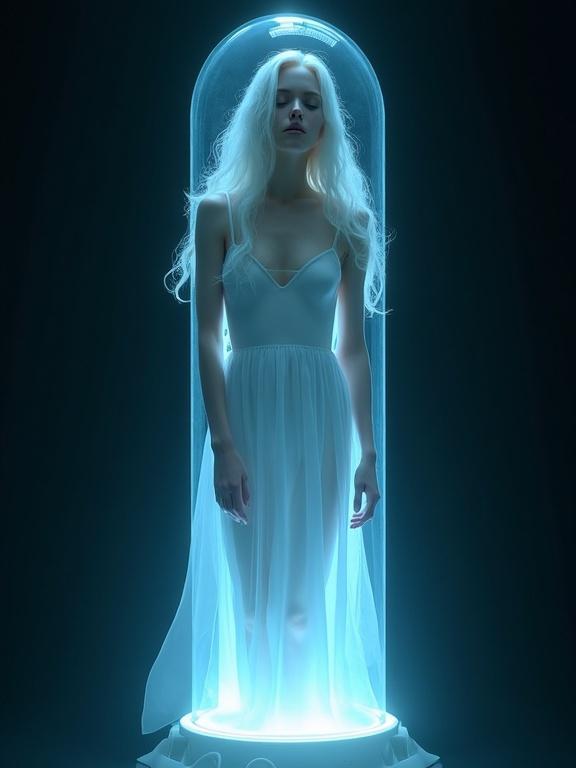 Image depicts a glass capsule containing a pale-skinned woman with long wavy white hair. She wears a soft blue dress and stands upright in a relaxed pose. The background is dark emphasizing the glowing container. The style evokes cyberpunk and tranquility.