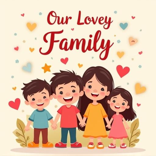 Cute colorful childlike family card design with cartoon style. Title at the top in playful font reads Our Lovely Family. Cartoon dad smiling labeled Ahmed, kind cartoon mom labeled Marwa, and three kids in order Layan Nouran Ali. Soft pastel colors with hearts stars cozy background.