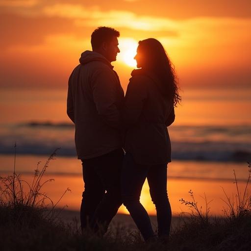 A couple standing together looking at a beautiful sunrise over the ocean.