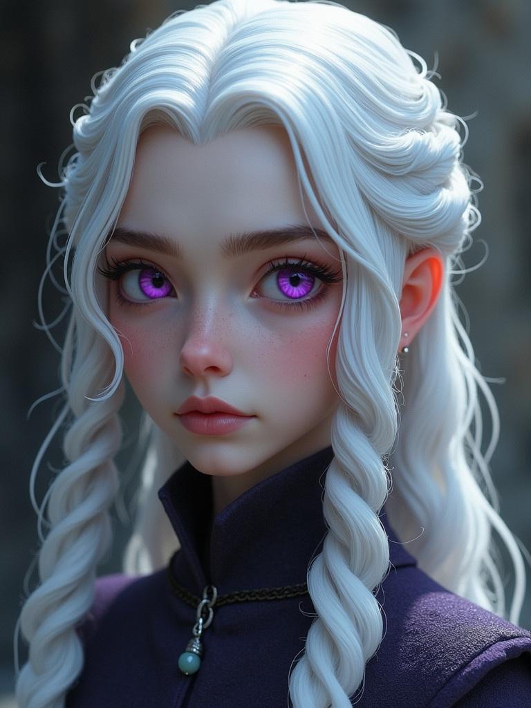 Character has white hair styled with braids. She wears a purple outfit with a subtle necklace. The character embodies features of both human and dragon lore.