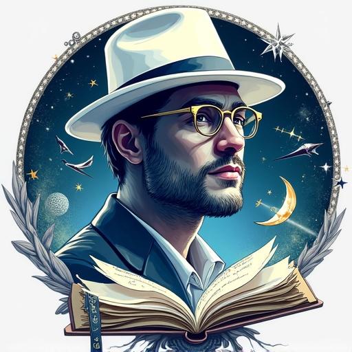 Stylized logo showing a surreal illustration of a man in a white fedora hat and glasses. Clean face with swirling elements of science fiction, fantasy, and imagination. Elements include stars, floating books, clock gears, and cosmic energy. Painterly and expressive style with a mix of organic and futuristic motifs. Color palette uses deep blues, silver, white, and golden highlights. Magical and mysterious atmosphere.