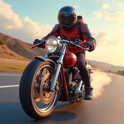 Motorcycle cruising at high speed on a colorful candy-themed road. A rider wearing full gear is visible. The landscape features rolling hills in the background. The scene captures motion and excitement.