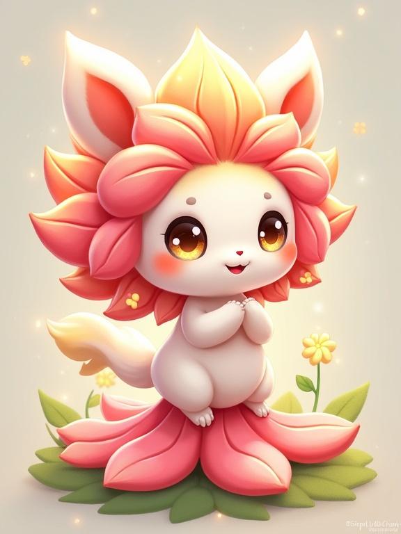 Whimsical creature blends small mammal features with a flower. Radiates joy and magic. Vibrant colors include pink and white. Soft textured petals and cheeks. Round plush head with large eyes. Short arms in a gentle pose. Petal-like tail and base. Uplifting and cheerful presence. Represents spring spirit.