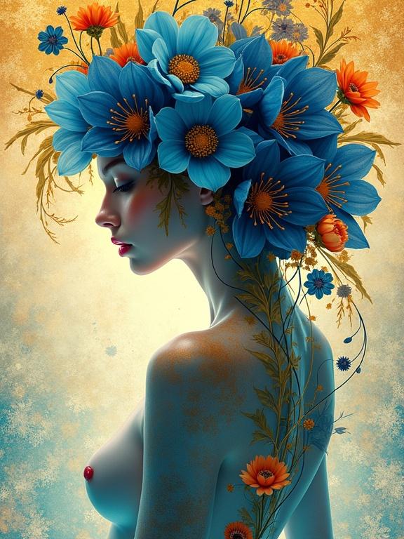 Floral headdress adorns nude woman's profile. Vibrant blue flowers and coral orange accents. Background features contrasting decorative patterns in gold and teal. Ethereal and high resolution.