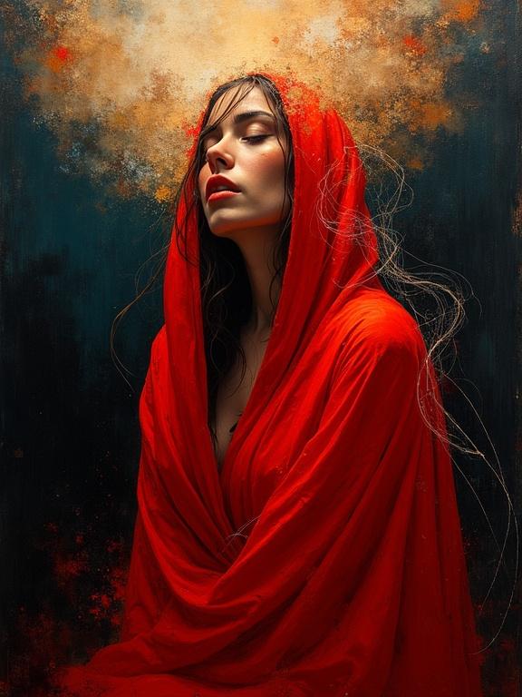 An abstract expressionist painting features a captivating female figure cloaked in a vibrant red shawl. The background is a deep, dark abyss. The scene is bathed in warm, golden light. Delicate lines accentuate her curves. The painting signifies transformation.
