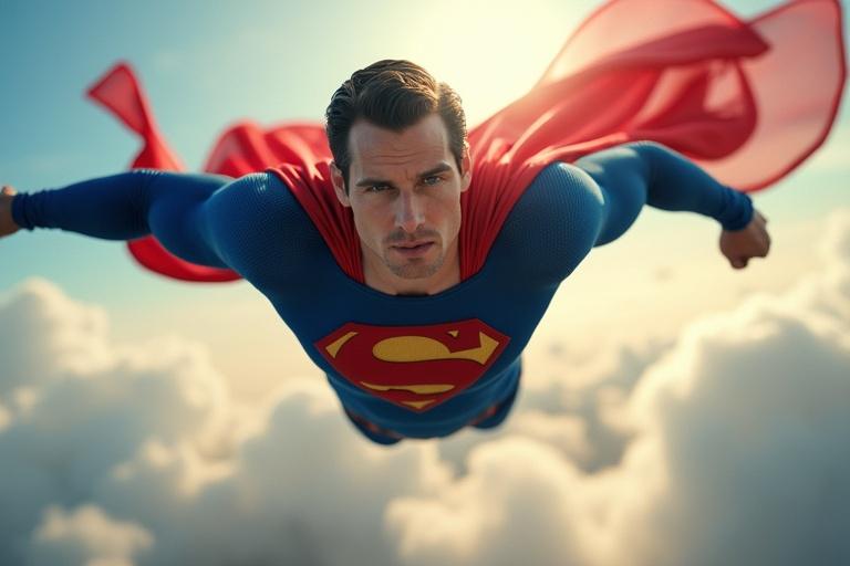 Superman flying in the sky with a dramatic backdrop. Bright lighting highlights the iconic red cape.
