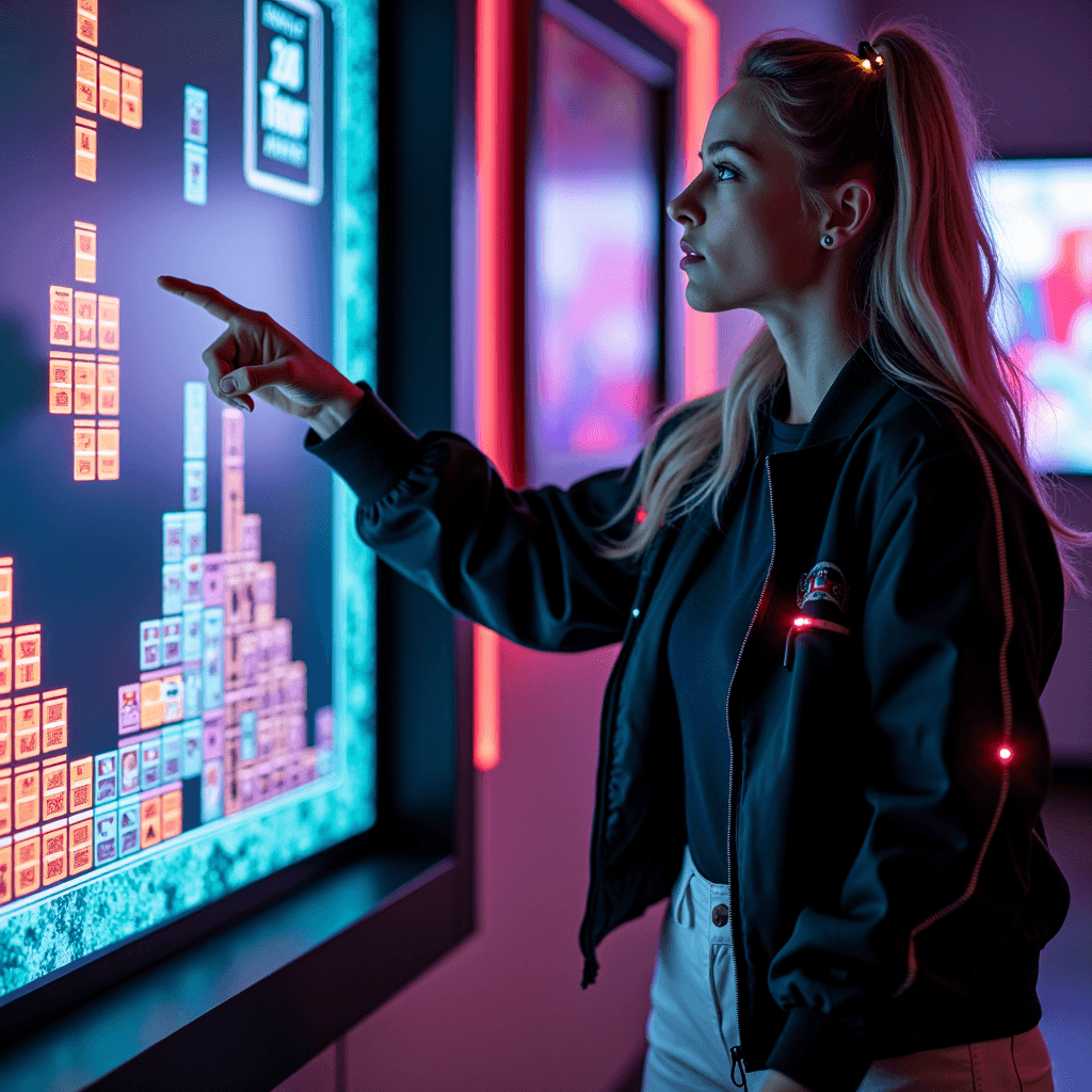 A woman plays a video game on a large touchscreen in an arcade, surrounded by colorful lights.