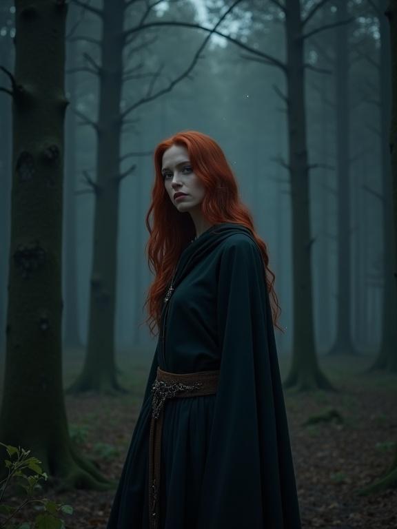 A 25-year-old woman with red hair stands in a dark, dense forest. She gazes towards the viewer with her head slightly down. She wears a long, dark medieval robe. The setting is nighttime with visible stars. The scene is hyperrealistic, with backlighting that enhances the dark scenery filled with trees.