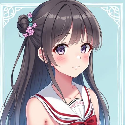 Anime style illustration of a girl with long dark hair and a cute expression. She wears a school uniform with a red stripe and has decorative flowers in her hair. The background is a light pastel color, enhancing the overall aesthetic. The girl is looking directly at the viewer with a gentle smile.
