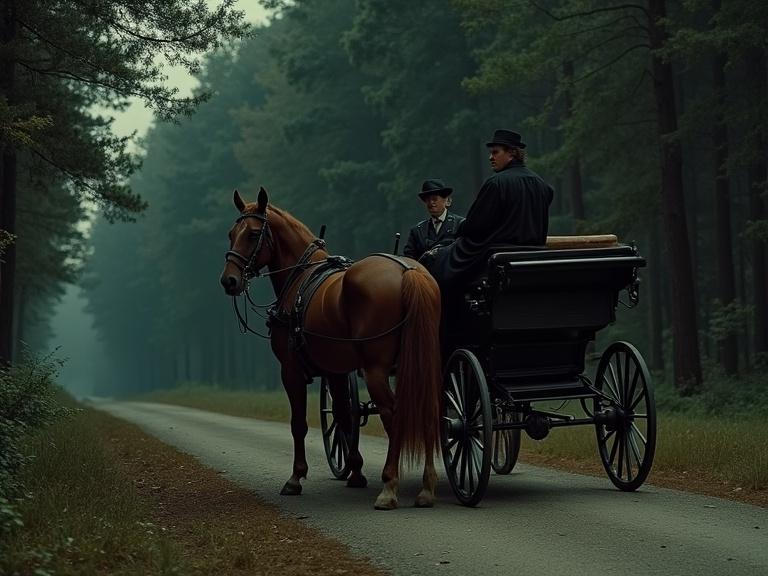 Night scene with a horse-drawn carriage moving down a forest lane. A coachman in a black cassock is seated in the front while a judge with a hat sits behind him. The setting features dark forest surroundings.