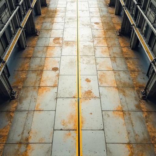 A top down view of an oil-stained military hangar floor. Features faded paint lines. Flat layout with only the flat floor surface visible. Artwork is in watercolor style.