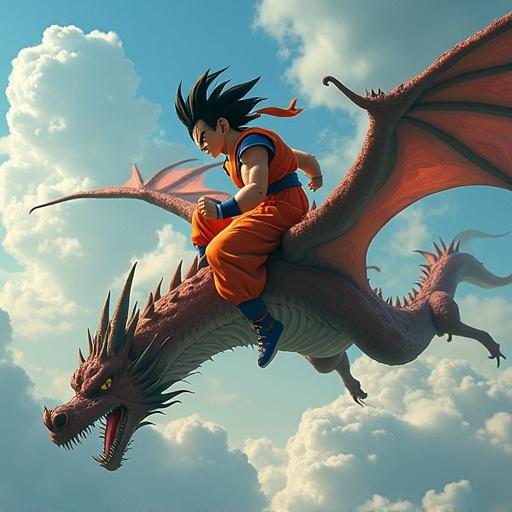 A character in an orange outfit rides a dragon soaring through fluffy clouds. The dragon has large red wings and a fierce expression. The background shows a bright blue sky with a few white clouds. A sense of adventure and magic dominates the scene.