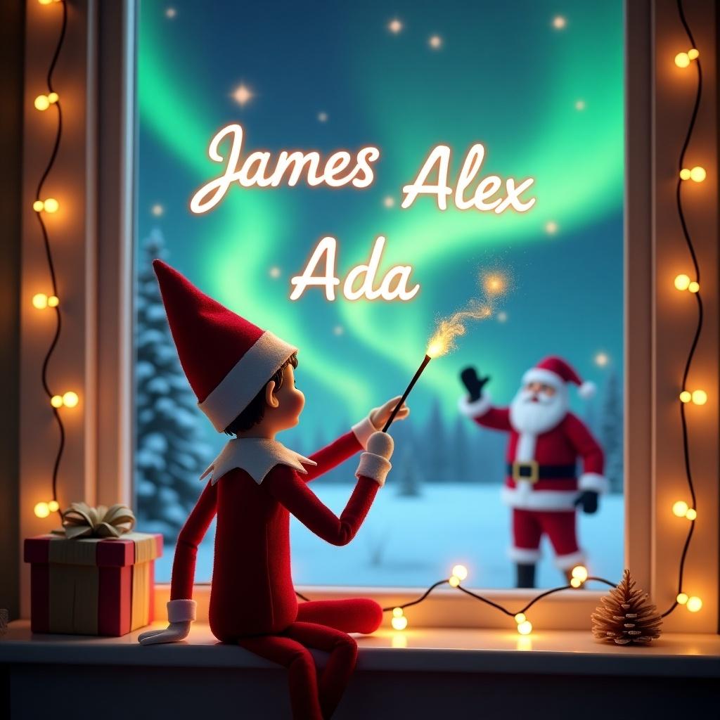 An enchanting Christmas scene features an elf on the shelf, facing the sky with his back to the viewer. The elf, dressed in red and white, wields a magic wand, inscribing 'James', 'Alex', 'Natasha', and 'Ada' in a glowing script. The backdrop showcases vibrant northern lights, creating a magical ambiance. Santa Claus joyfully appears in the background, enhancing the heartwarming holiday atmosphere. The cozy room is adorned with twinkling lights, enhancing the enchanting feel. This scene captures the joy of the holiday season with a whimsical twist.