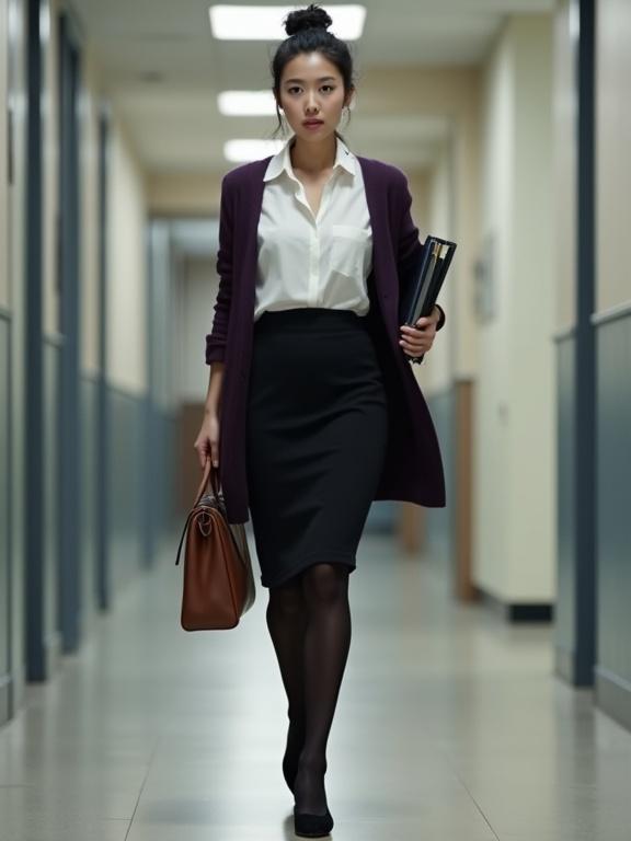 Young East Asian female agent in crisp-white blouse black knee-length skirt dark-purple cardigan black pantyhose black heels walking corridor carrying intel files brown satchel modern office soft lighting cute plump face light makeup bunned black hair