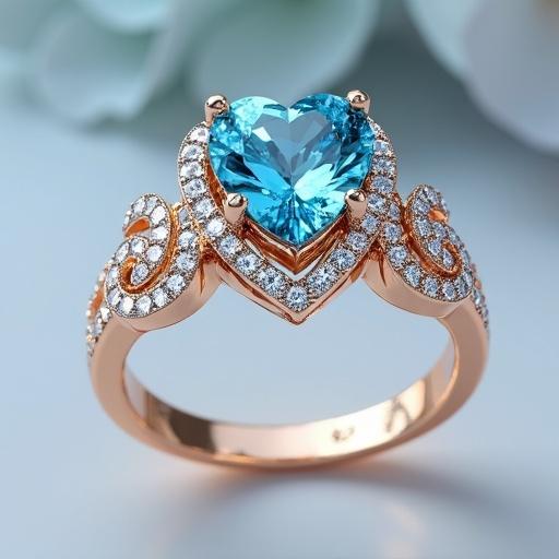 Intricate jewelry design featuring a heart-shaped aquamarine gemstone atop a floral element ring. The ring is adorned with sparkling diamonds and is presented in realistic computer rendering.