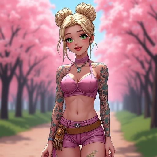 Anime character features a woman in a cherry blossom forest. Light pink outfit accentuates beauty. Futuristic elements with tattoos and cybernetic leg. Morning light enhances vibrant colors. Elegant pose. Summer theme.