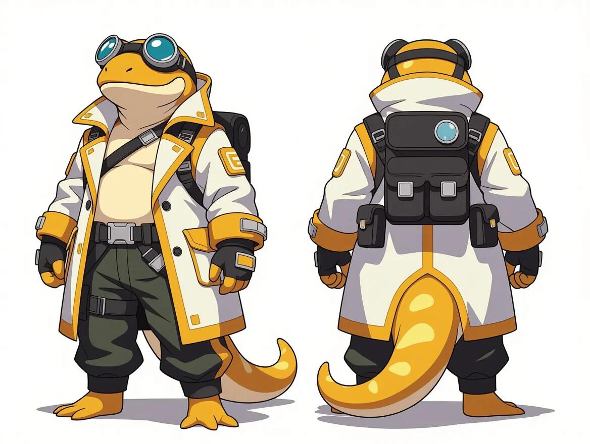 3D model of an anthropomorphic salamander character. Character inspired by Akira Toriyama anime style. Wears a futuristic coat. Has goggles and space-style costume straps. Features cargo pants. High-contrast gold and white color scheme. Stands in an epic pose. Isolated white background highlights the full-body design.